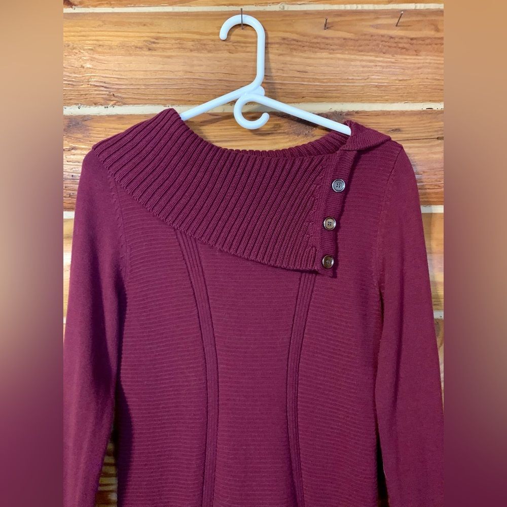 Style & Co. Tunic Length Burgundy Sweater with Angled Flap Collar Medium - Picture 2 of 10
